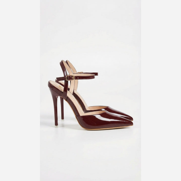 Luna Moda ASHLEY pointed-toe stiletto pumps in glossy burgundy metallic finish with an elegant ankle strap.