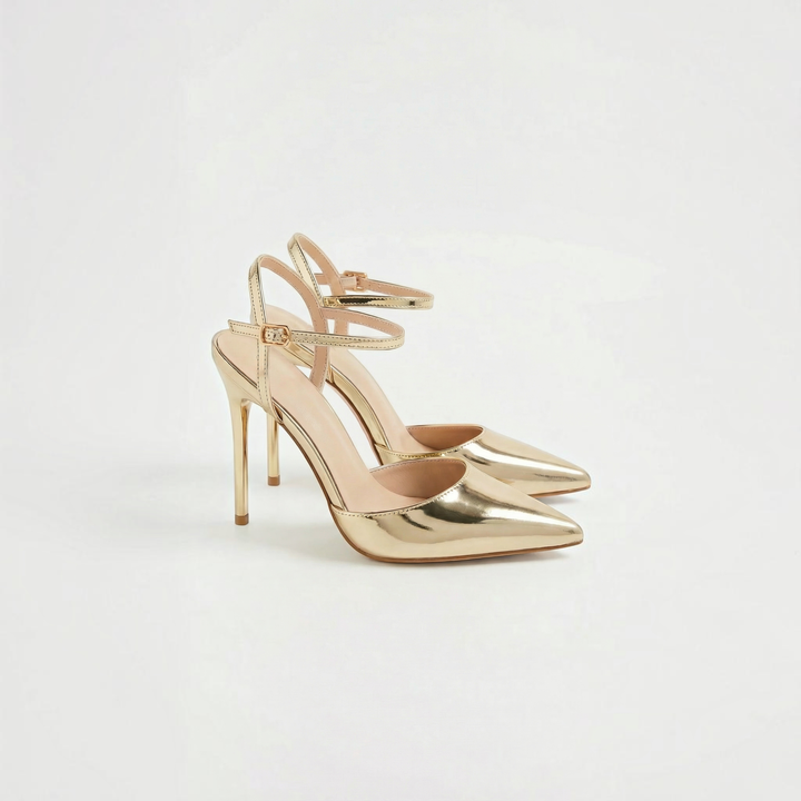 Luna Moda ASHLEY metallic gold pointed-toe high heels with an elegant ankle strap for formal evening wear.