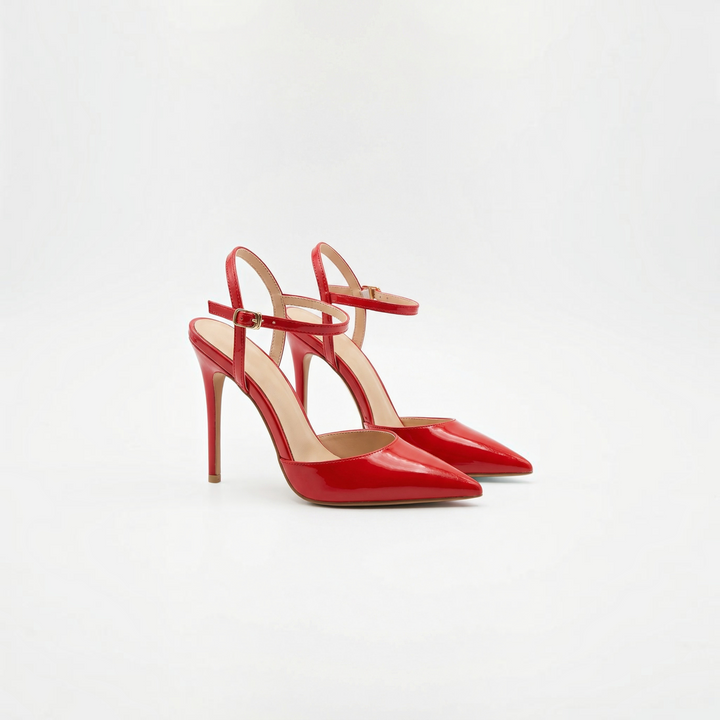 Luna Moda ASHLEY red metallic pointed-toe high heel pumps with ankle strap for elegant evening wear.
