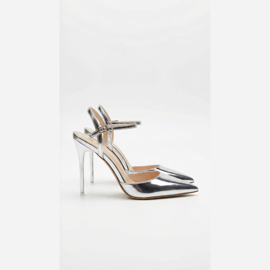 Luna Moda ASHLEY silver metallic pointed-toe heels with an elegant ankle strap for formal evening wear.