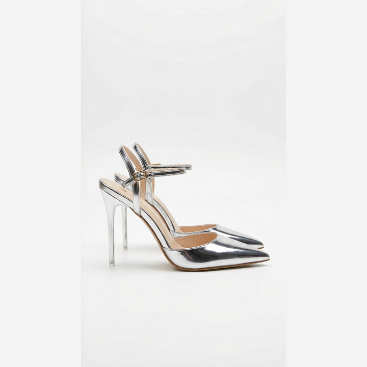 Luna Moda ASHLEY silver metallic pointed-toe heels with an elegant ankle strap for formal evening wear.