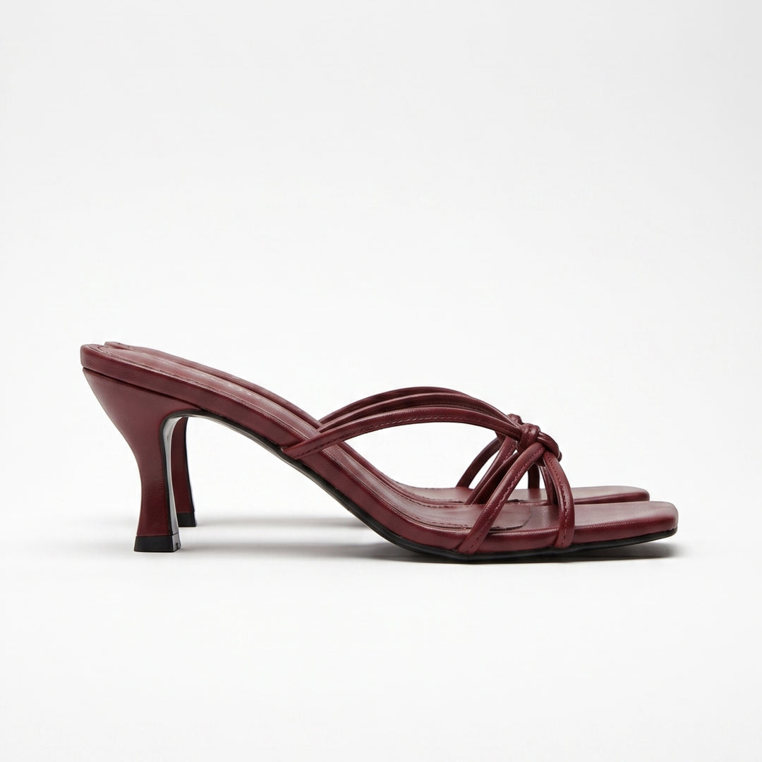 Luna Moda Christina burgundy mule sandals with knotted straps, square toe, and 5cm kitten heel.