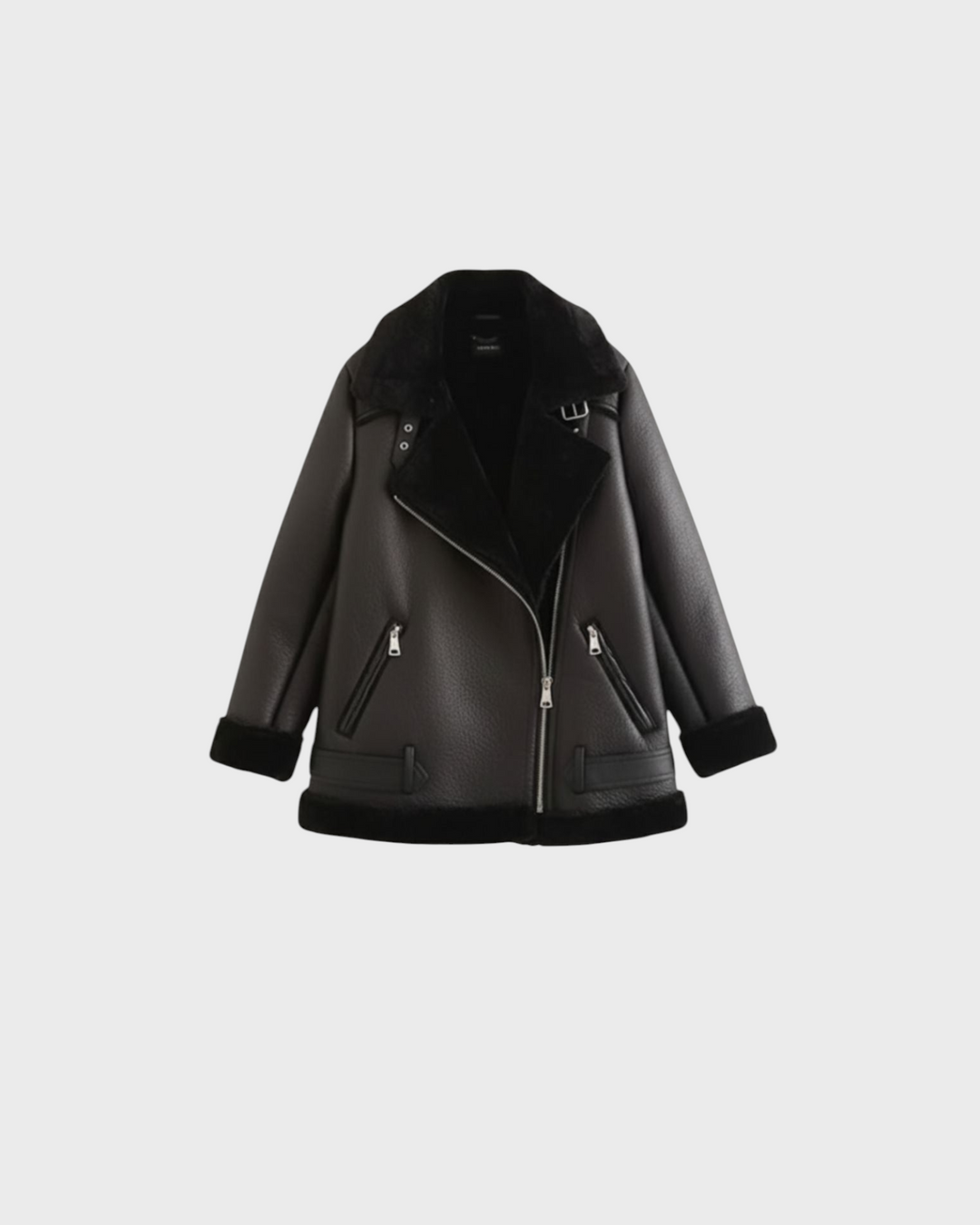 Luna Moda Claudia black fleece-lined jacket with zip details and waist belt for a relaxed yet refined look.