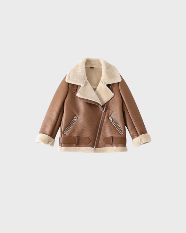 Luna Moda Claudia brown faux leather jacket with cream fleece lining, zip details, and a waist belt.