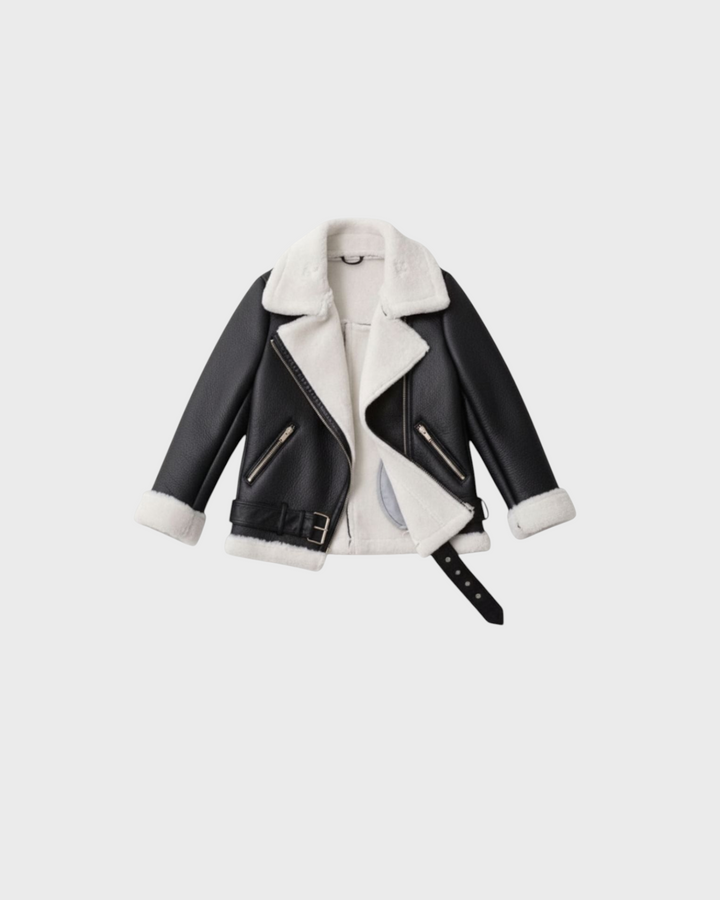 Luna Moda Claudia black faux leather jacket with white fleece lining, zip details, and a waist belt.