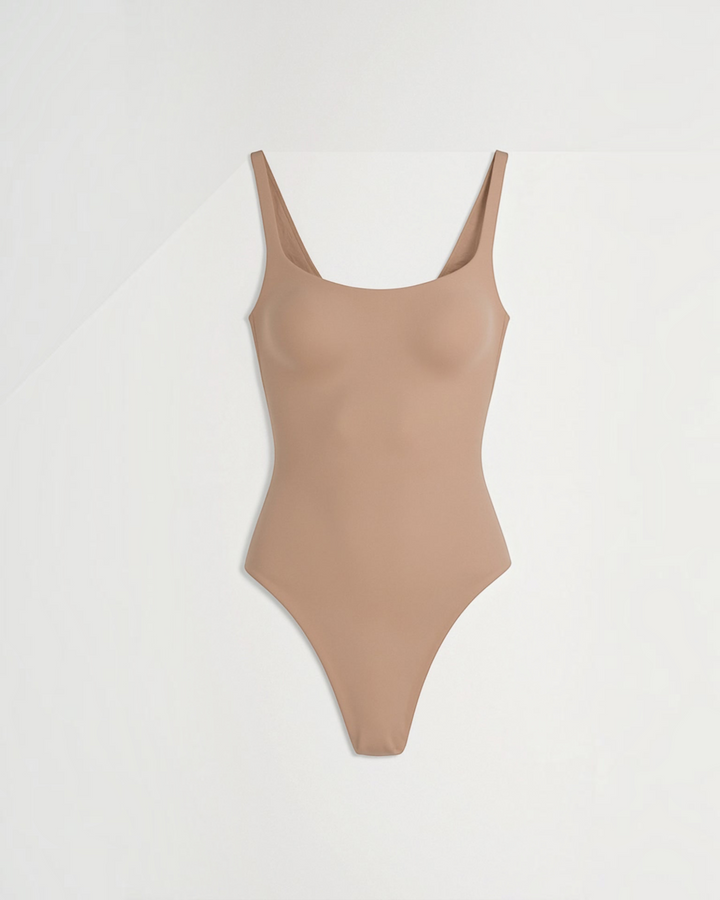 Luna Moda chocolate brown sculpting thong bodysuit with a square neckline and high-cut leg in seamless fabric.