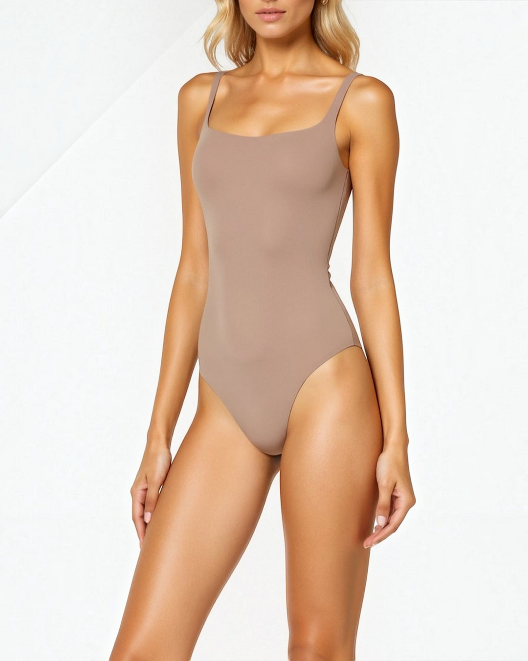 Luna Moda chocolate brown sculpting thong bodysuit with a square neckline and high-cut leg on a blonde model