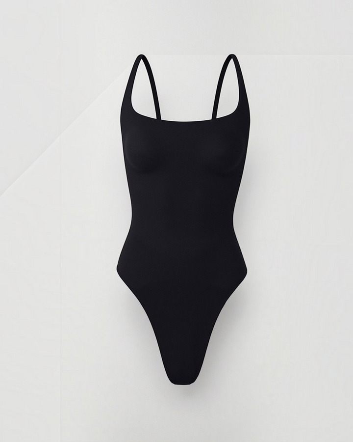 Luna Moda chocolate brown sculpting thong bodysuit with a square neckline and high-cut leg for a smooth silhouette.