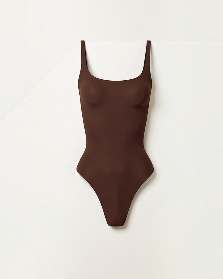 Luna Moda chocolate brown sculpting thong bodysuit with a square neckline and high-cut leg for a seamless fit.