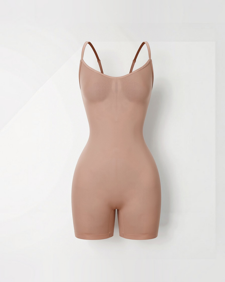 Luna Moda seamless beige thigh-length sculpting bodysuit with adjustable spaghetti straps and targeted compression.