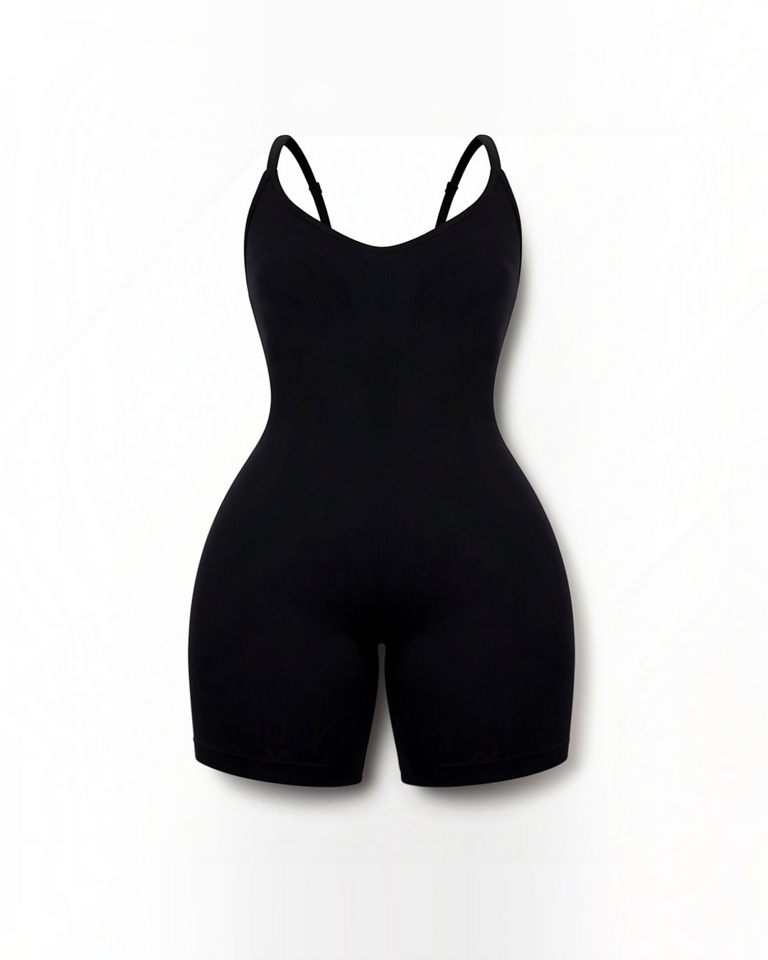 Luna Moda black seamless thigh-length sculpting bodysuit with adjustable spaghetti straps and compression support