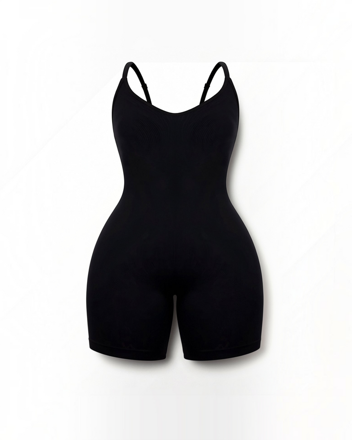 Luna Moda black seamless thigh-length sculpting bodysuit with adjustable spaghetti straps and compression support