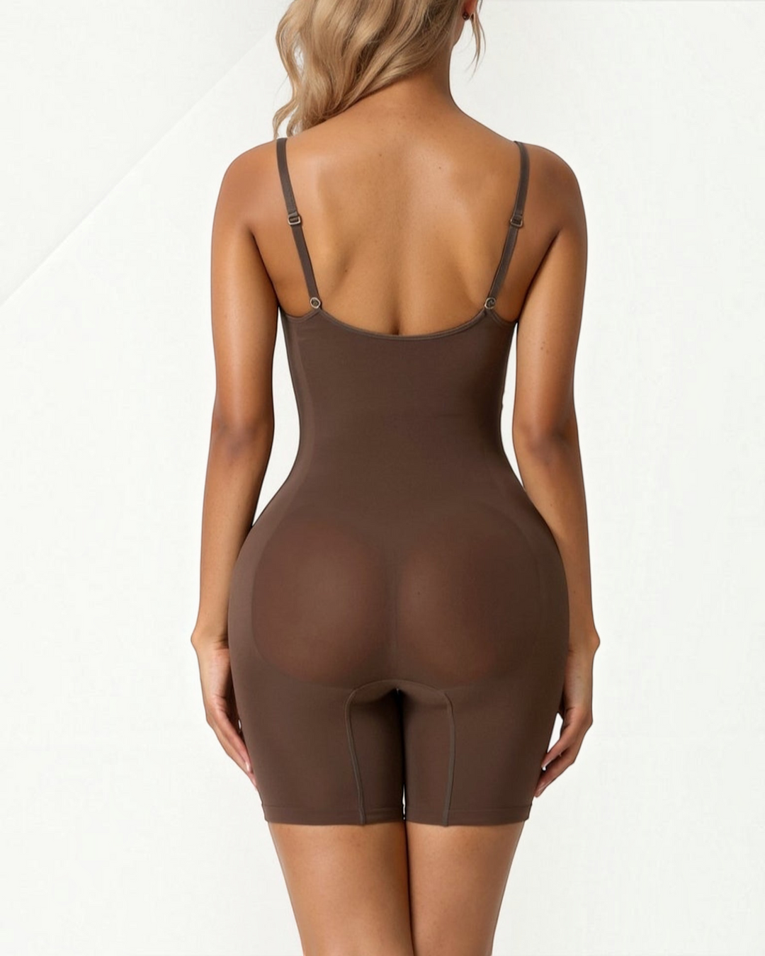 Luna Moda seamless brown thigh-length sculpting bodysuit with adjustable straps and targeted compression zones.