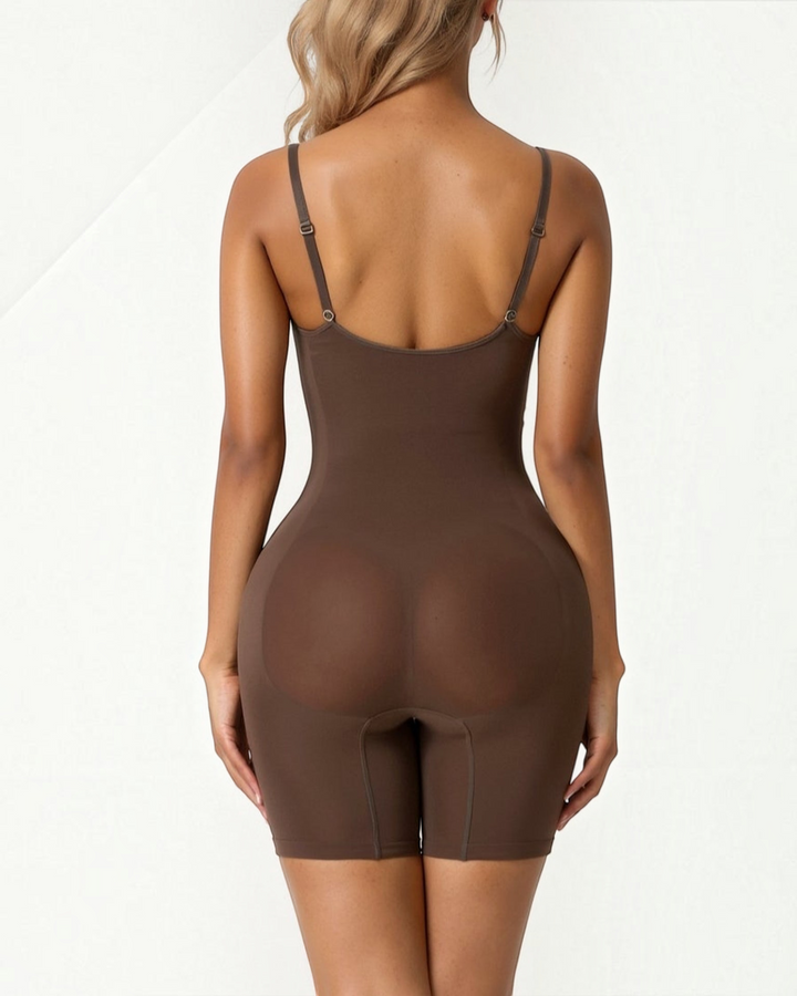 Luna Moda seamless brown thigh-length sculpting bodysuit with adjustable straps and targeted compression zones.