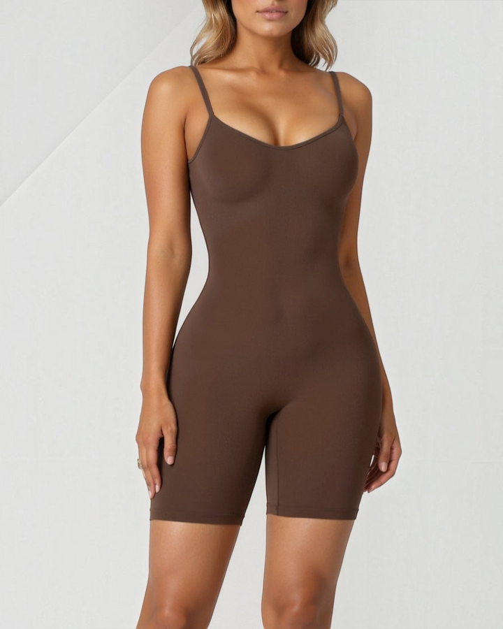 Luna Moda seamless brown sculpting bodysuit with adjustable spaghetti straps and thigh-length compression fit