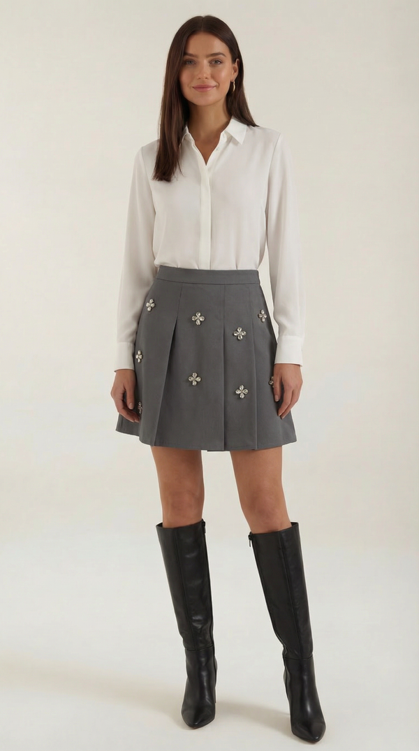 Gloria – Gonna svasata in maglia con gemme a margherita