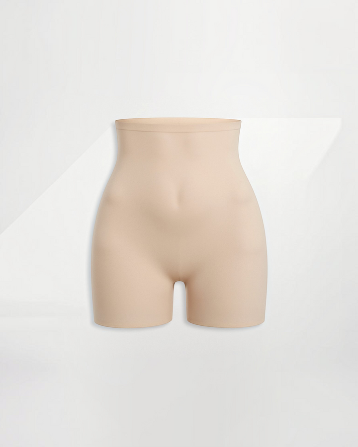 Luna Moda beige high-waisted seamless thigh-length compression shorts for a smooth silhouette.