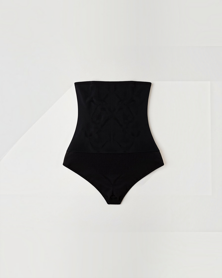 Luna Moda black high-waisted seamless shaping thong with firm compression for a smooth silhouette.