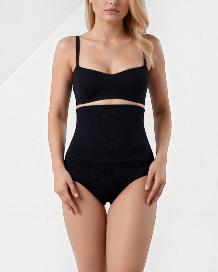 Luna Moda high-waisted black shaping thong with seamless compression fabric for a smooth silhouette