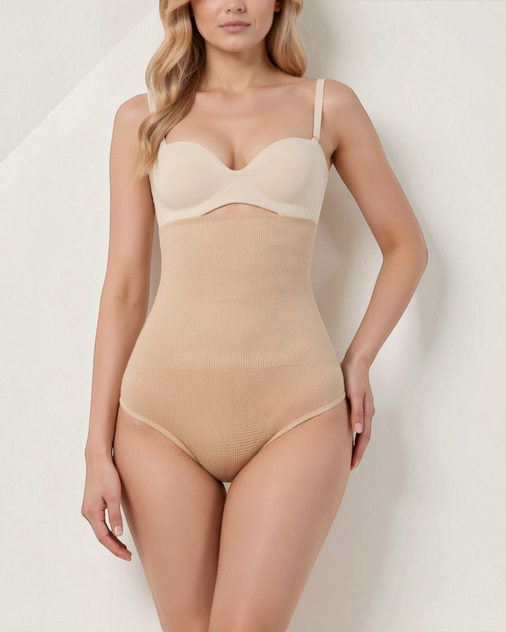 Luna Moda high-waisted beige shaping thong with ribbed compression fabric for a seamless silhouette.