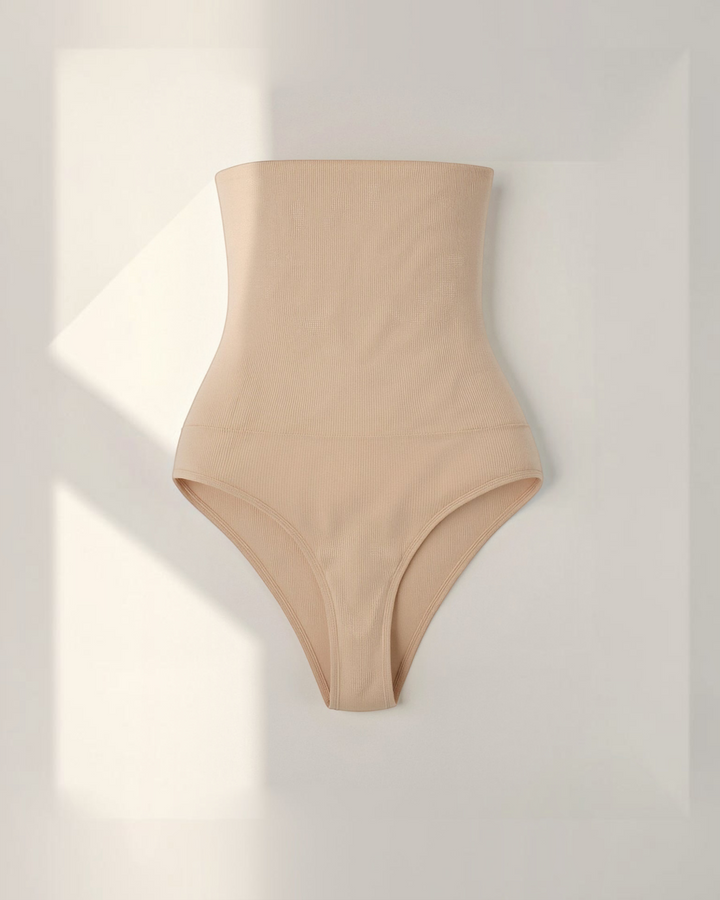 Luna Moda high-waisted beige shaping thong in premium ribbed fabric with seamless design for a smooth silhouette.