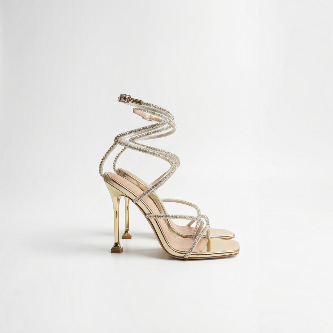 Luna Moda JENNIFER gold stiletto sandals with sparkling crystal-embellished straps and a square toe design.
