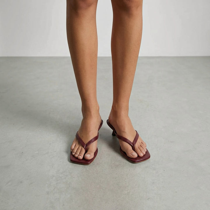 Luna Moda JESSICA burgundy thong kitten heel sandals with a square toe design worn on feet