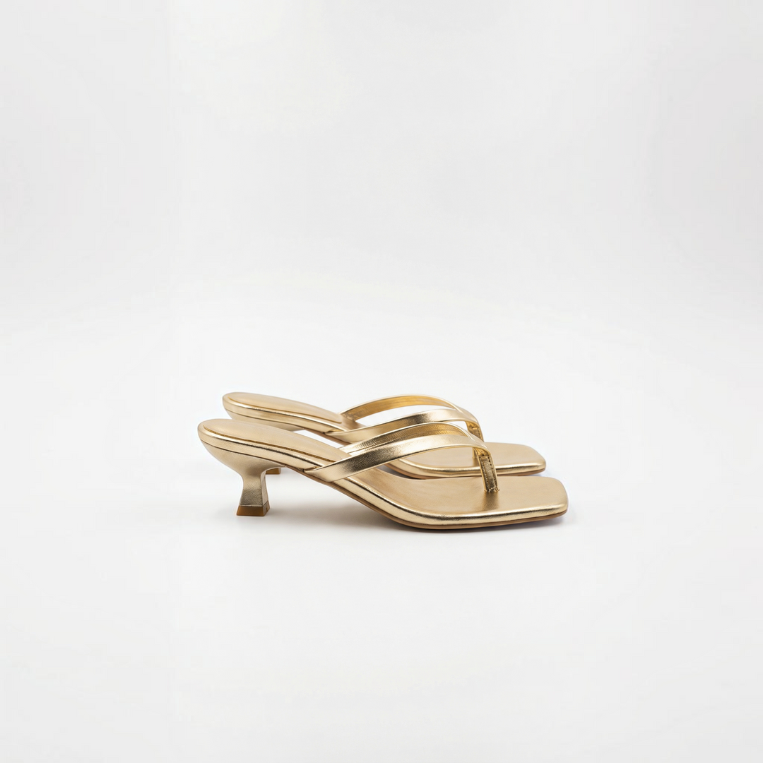 Luna Moda JESSICA gold metallic kitten heel slide sandals with a square toe and minimalist thong strap design.