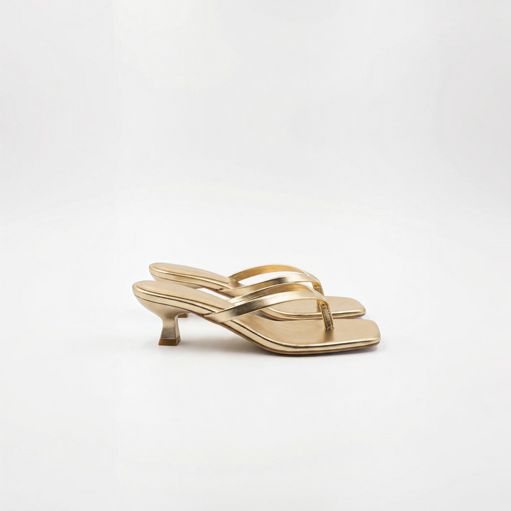 Luna Moda JESSICA gold metallic kitten heel slide sandals with a square toe and minimalist thong strap design.