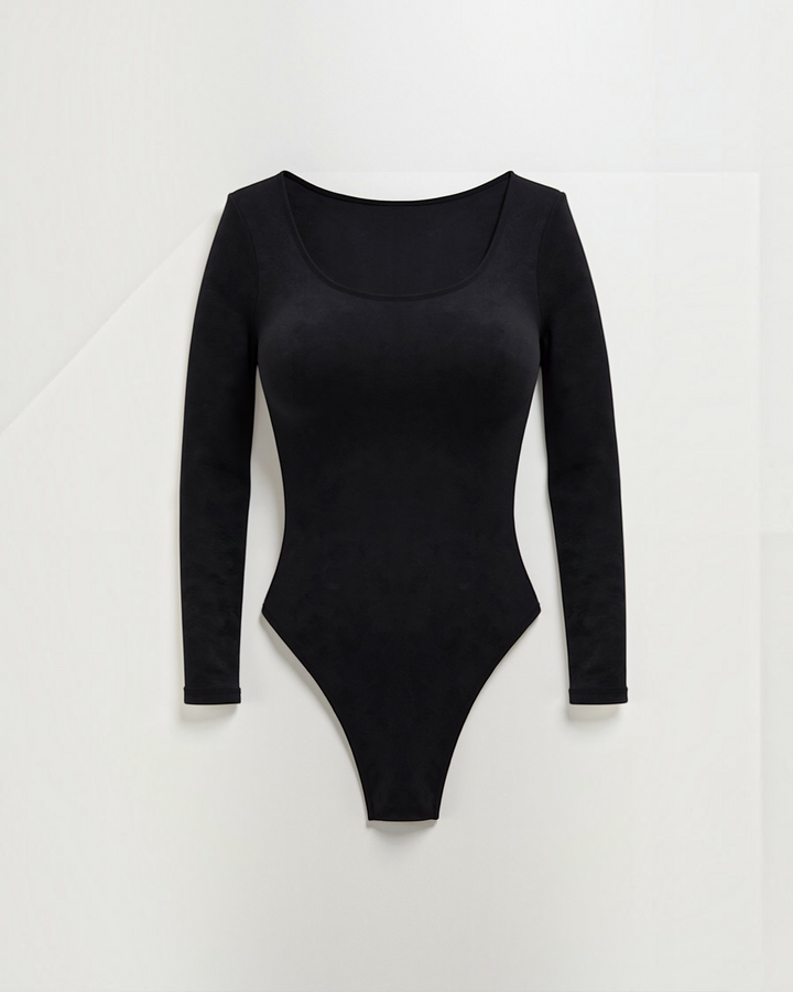 Luna Moda black long-sleeve thong bodysuit with a square neckline, made from soft seamless four-way stretch fabric.