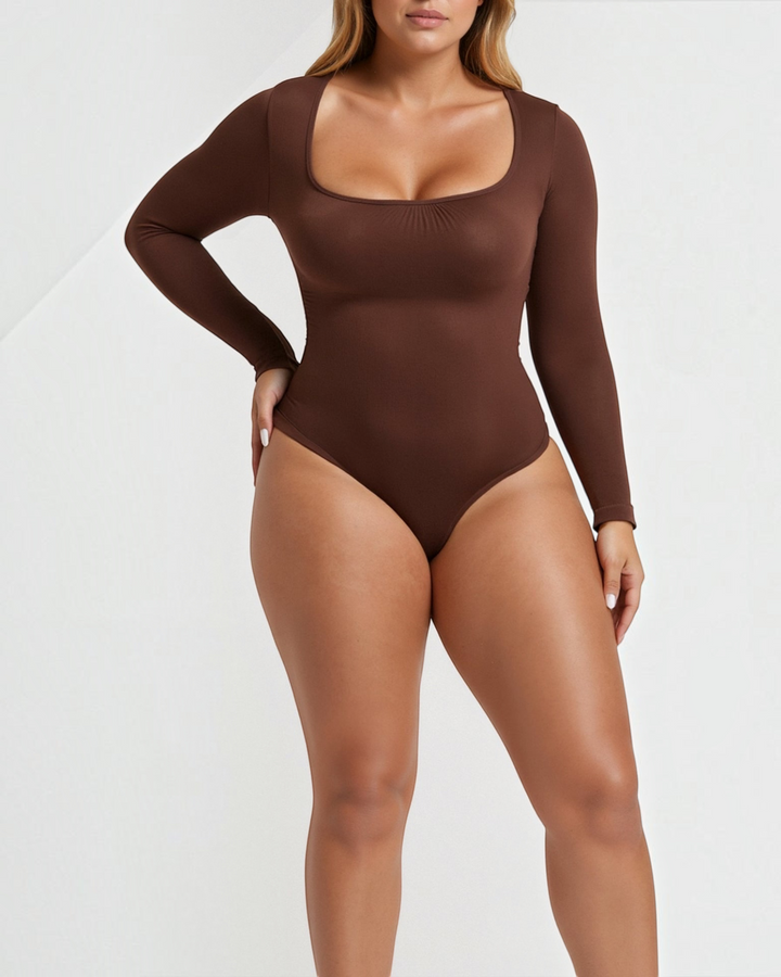 Luna Moda brown long-sleeve thong bodysuit with a square neckline, made from soft seamless four-way stretch fabric.