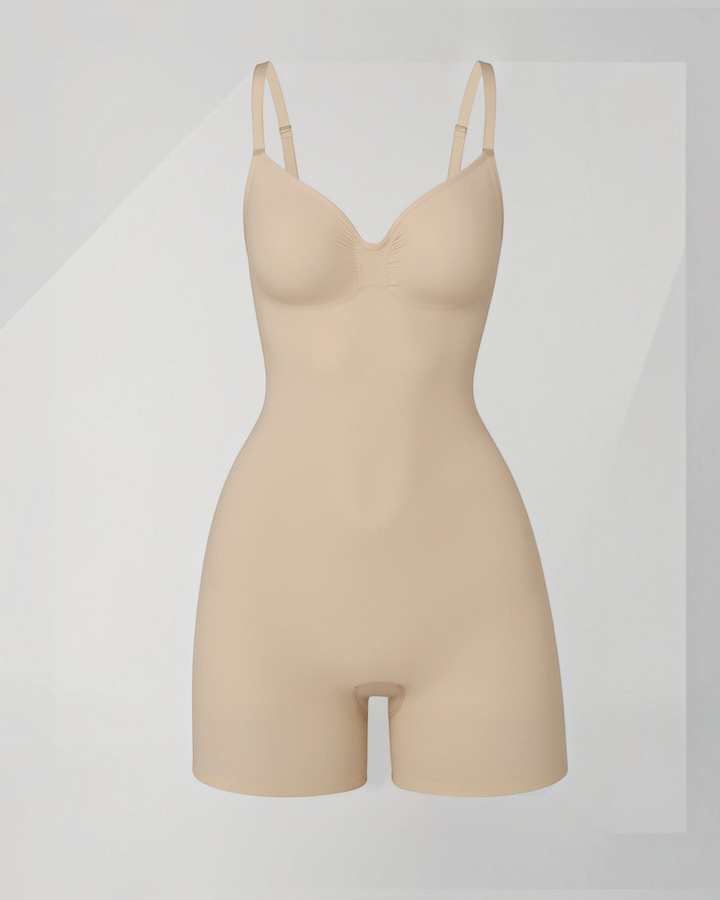 Luna Moda CLELIA beige seamless mid-thigh shaping bodysuit with adjustable straps and integrated cups