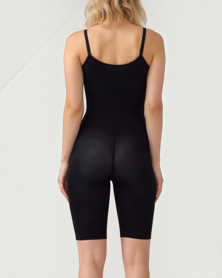 Luna Moda CLELIA black seamless mid-thigh shaping bodysuit with adjustable straps viewed from the back