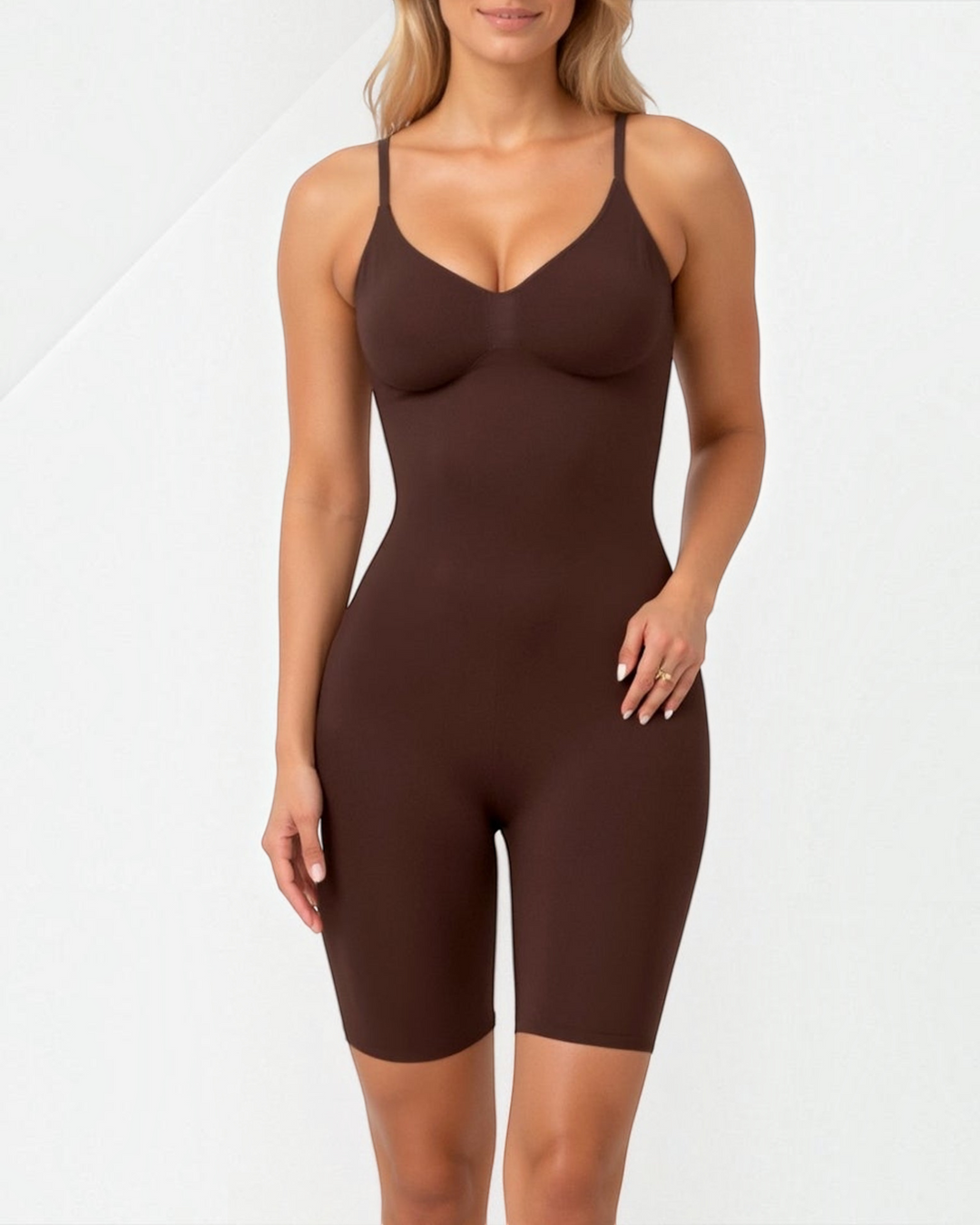 Luna Moda brown seamless mid-thigh shaping bodysuit with integrated cups and adjustable straps on a model