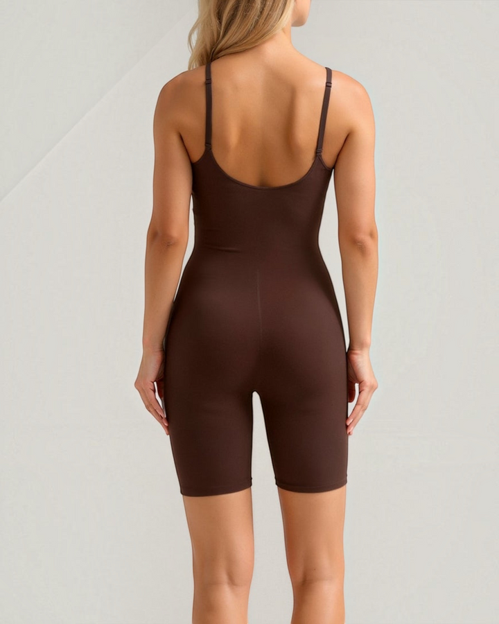 Luna Moda brown seamless mid-thigh shaping bodysuit with adjustable straps seen from the back