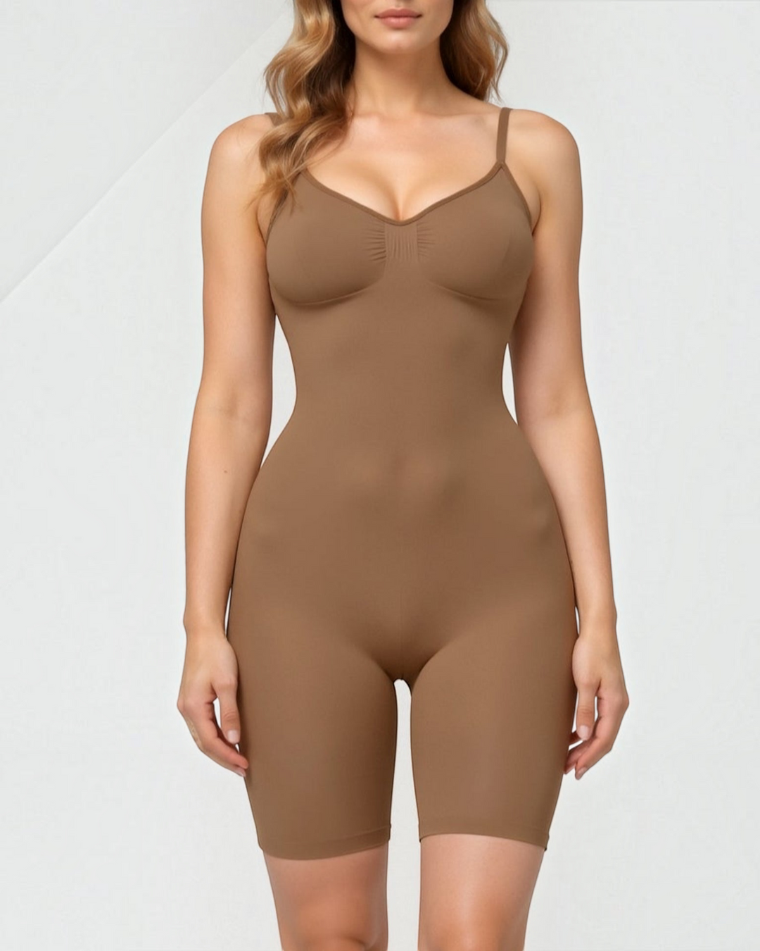 Luna Moda CLELIA seamless brown mid-thigh shaping bodysuit with integrated cups and adjustable straps on a model