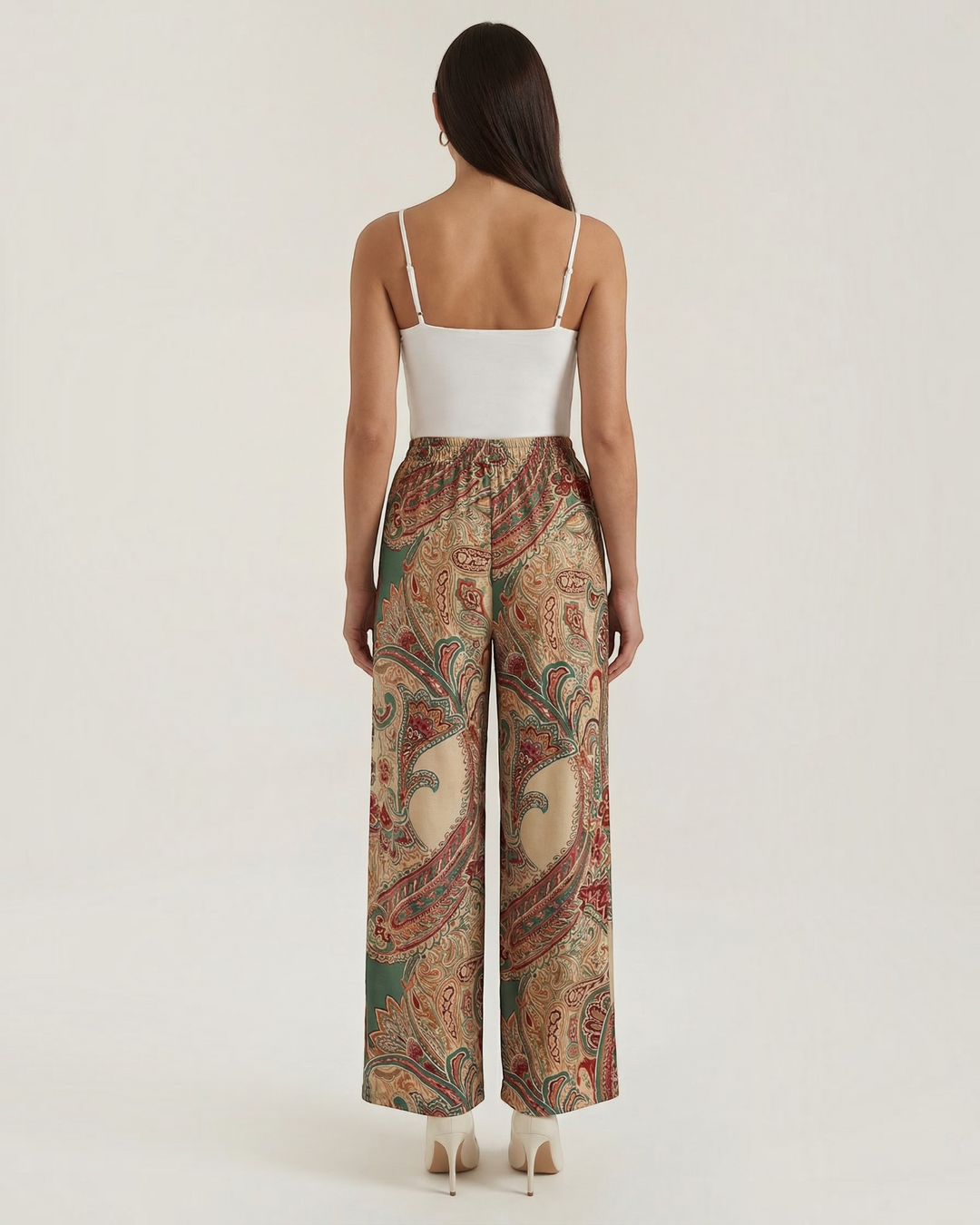 Luna Moda Melania wide-leg trousers featuring a vibrant multicolor paisley print in a lightweight, flowing fabric.