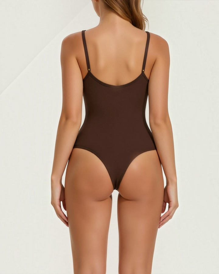 Luna Moda chocolate brown thong bodysuit with adjustable straps and sculpting push-up fit, back view