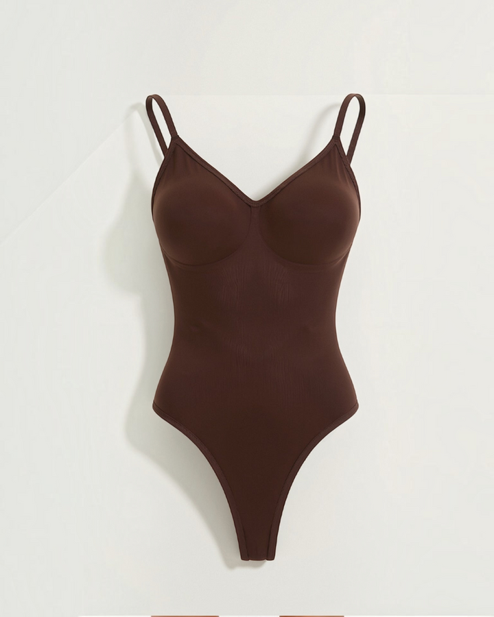 Luna Moda chocolate brown push-up thong bodysuit with adjustable straps and sculpting fabric for a smooth silhouette.
