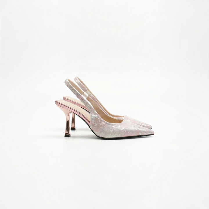 Luna Moda Rachel floral lace slingback heels with a pointed toe and metallic stiletto heel in soft pink tones.