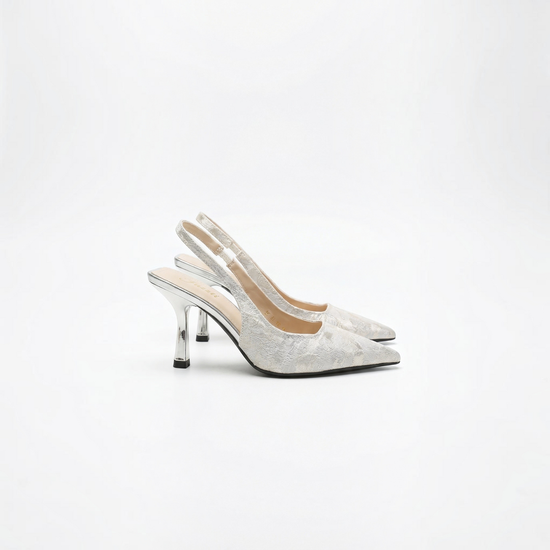 Luna Moda Rachel silver floral lace slingback heels with a pointed toe and 9cm stiletto heel for elegant occasions.