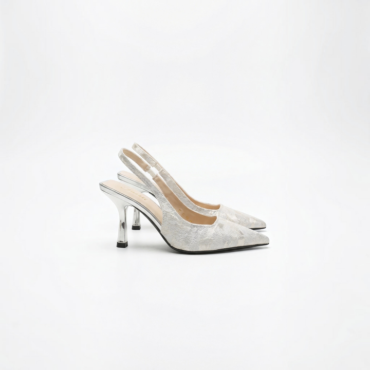 Luna Moda Rachel silver floral lace slingback heels with a pointed toe and 9cm stiletto heel for elegant occasions.