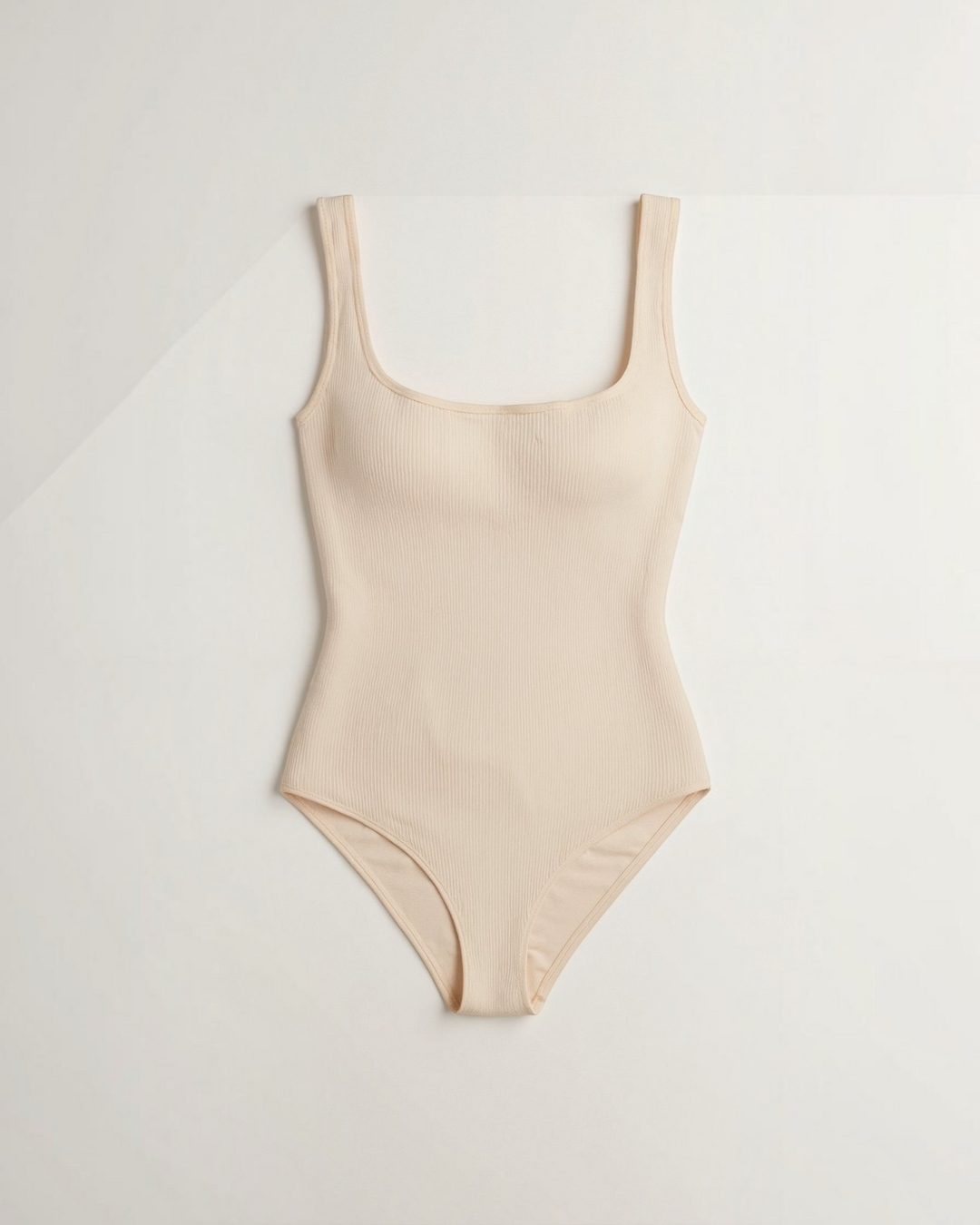Luna Moda beige ribbed Snatched bodysuit with a square neckline and thick straps for a sculpting hourglass effect.