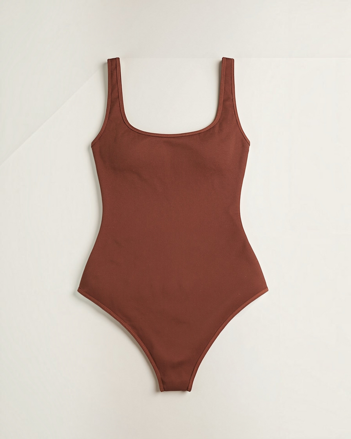 Luna Moda brown ribbed snatched bodysuit with a square neckline and thick straps for a sculpted hourglass fit.