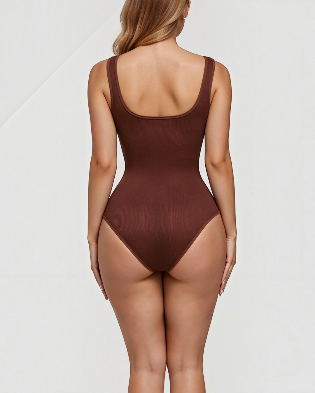 Luna Moda brown ribbed Snatched bodysuit with a square neckline and thick straps, back view on a model.