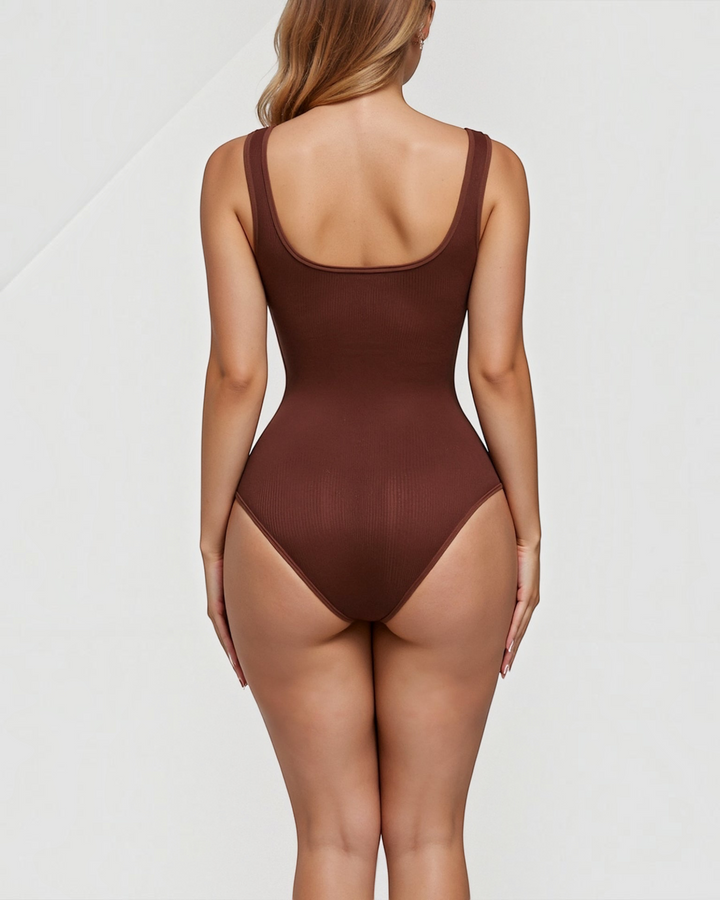 Luna Moda brown ribbed Snatched bodysuit with a square neckline and thick straps, back view on a model.