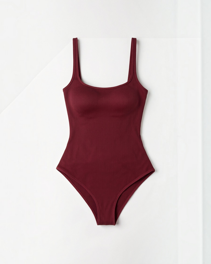 Luna Moda Snatched ribbed bodysuit in deep burgundy with a square neckline and supportive thick straps