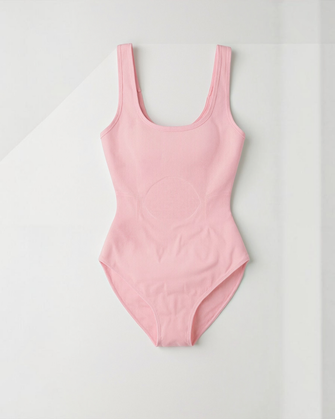 Luna Moda pink ribbed shaping bodysuit with a square neckline and thick straps for a snatched waist silhouette.