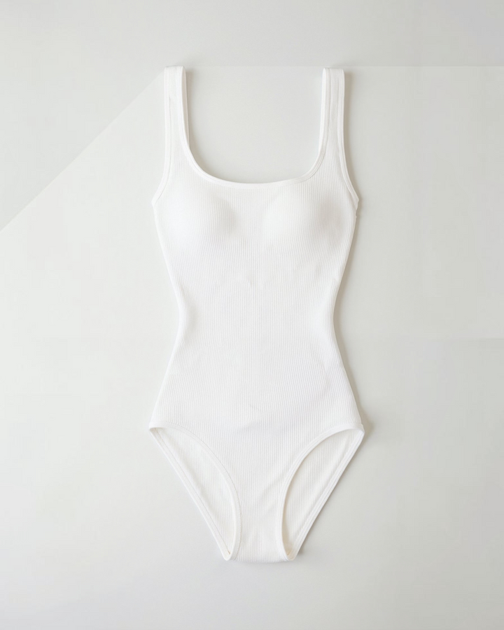 Luna Moda white ribbed bodysuit with a square neckline and thick straps for a sculpting hourglass silhouette.