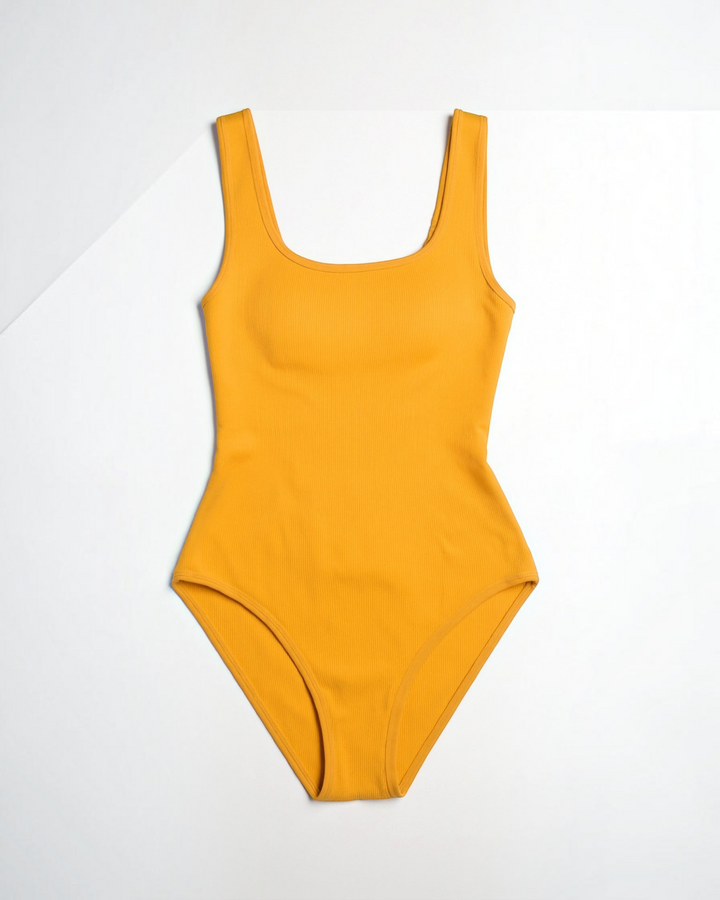 Luna Moda yellow ribbed bodysuit with a square neckline and thick straps for a sculpting hourglass fit.